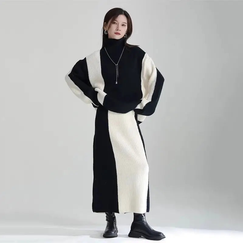 2023 new knitted women thickened turtleneck color-blocked sweater skirt y2k Korean style lazy slim two-piece suit 1