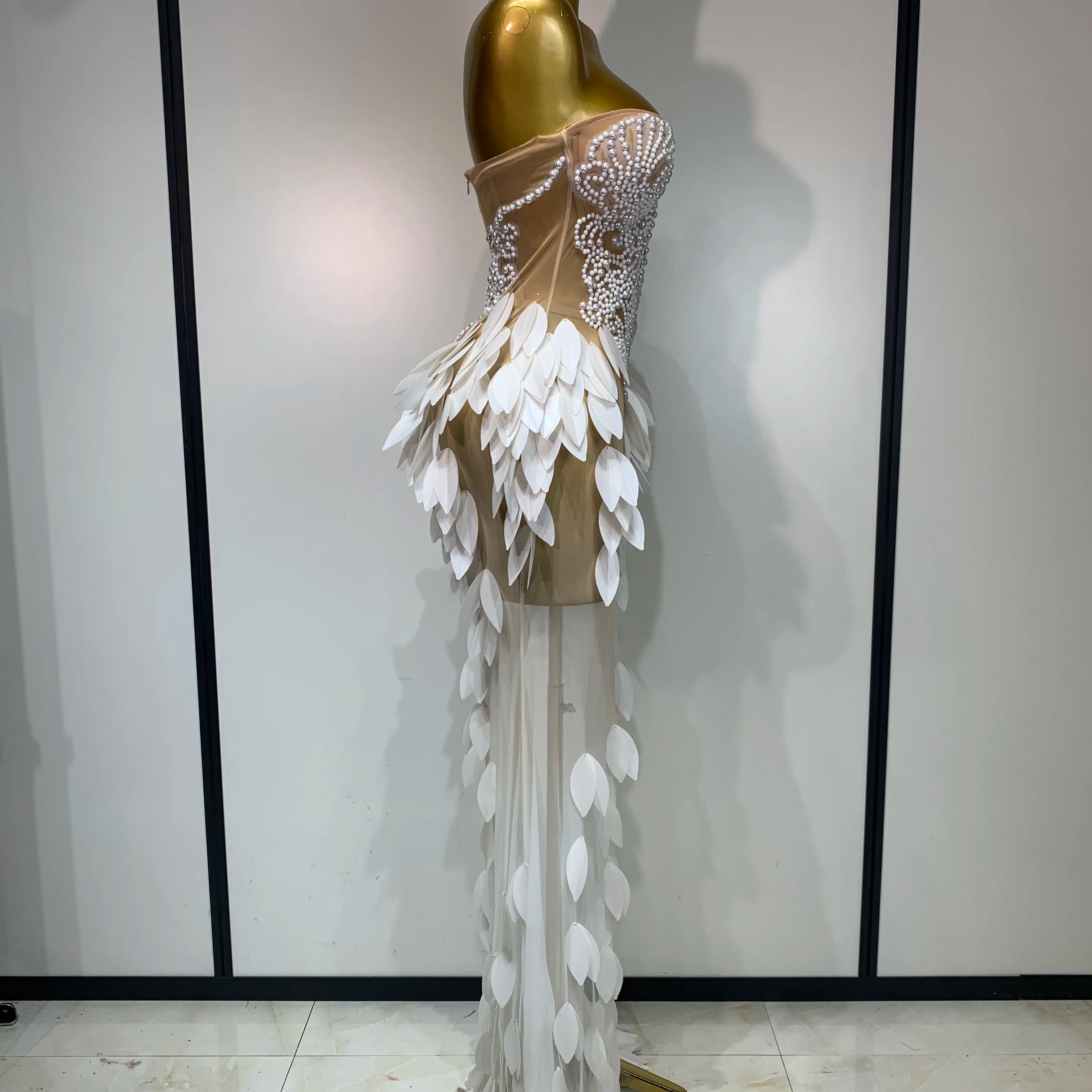Elegant Pearl Dress Sexy Transparent Mesh Maxi Long Dresses Women Evening Party Wedding Gown Red Carpet Celebrity Stage Outfit