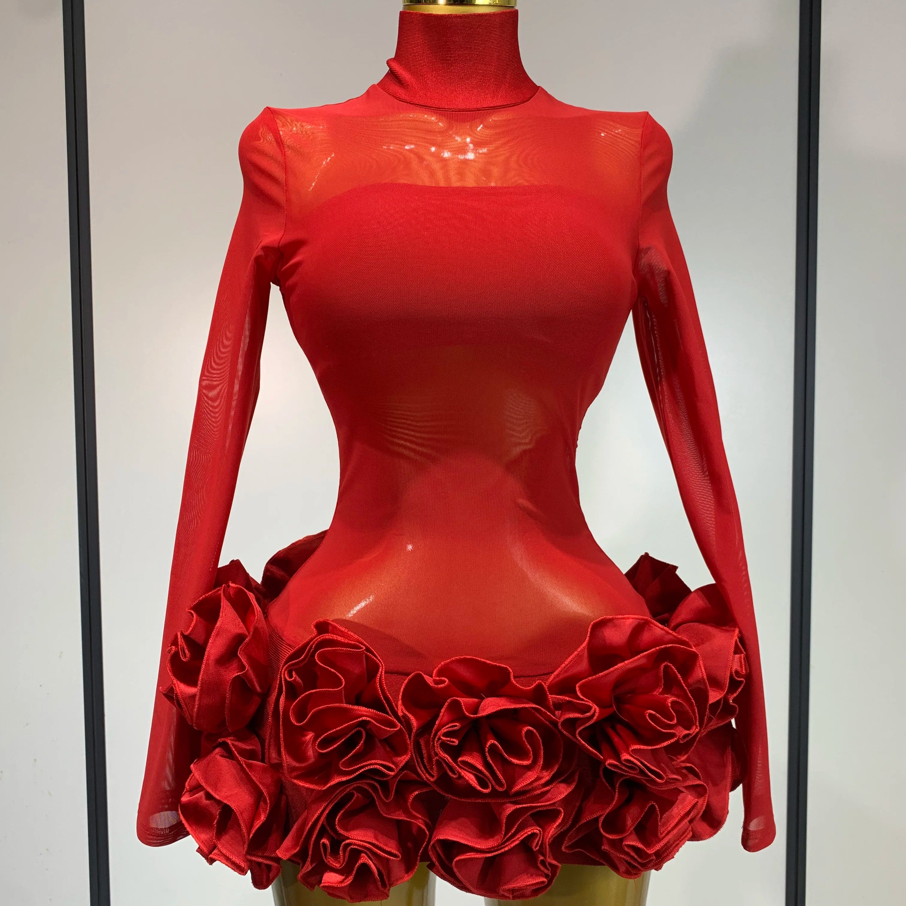 Women Sexy Mesh See through Stereoscopic Flowers White Red Mini Bandage Dress Birthday Evening Party Club Singer Perform Costume Red