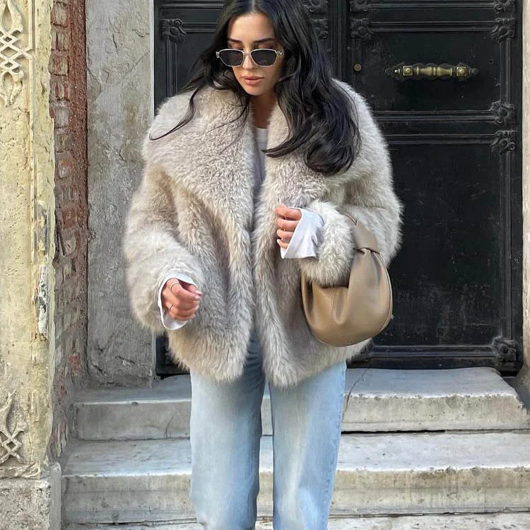 DUOPERI Women Fashion Winter Solid Thick Warm Faux Fur Coat Lapel Collar Long Sleeves Female Chic Lady Casual Outfits