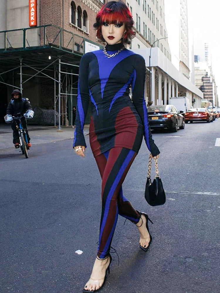 CNYISHE Striped Multicolor Bodycon Sheath Sexy Club Women Dresses Long Sleeve Outfits Half High Collar Hip Wrap Female Vestidos Multicolor