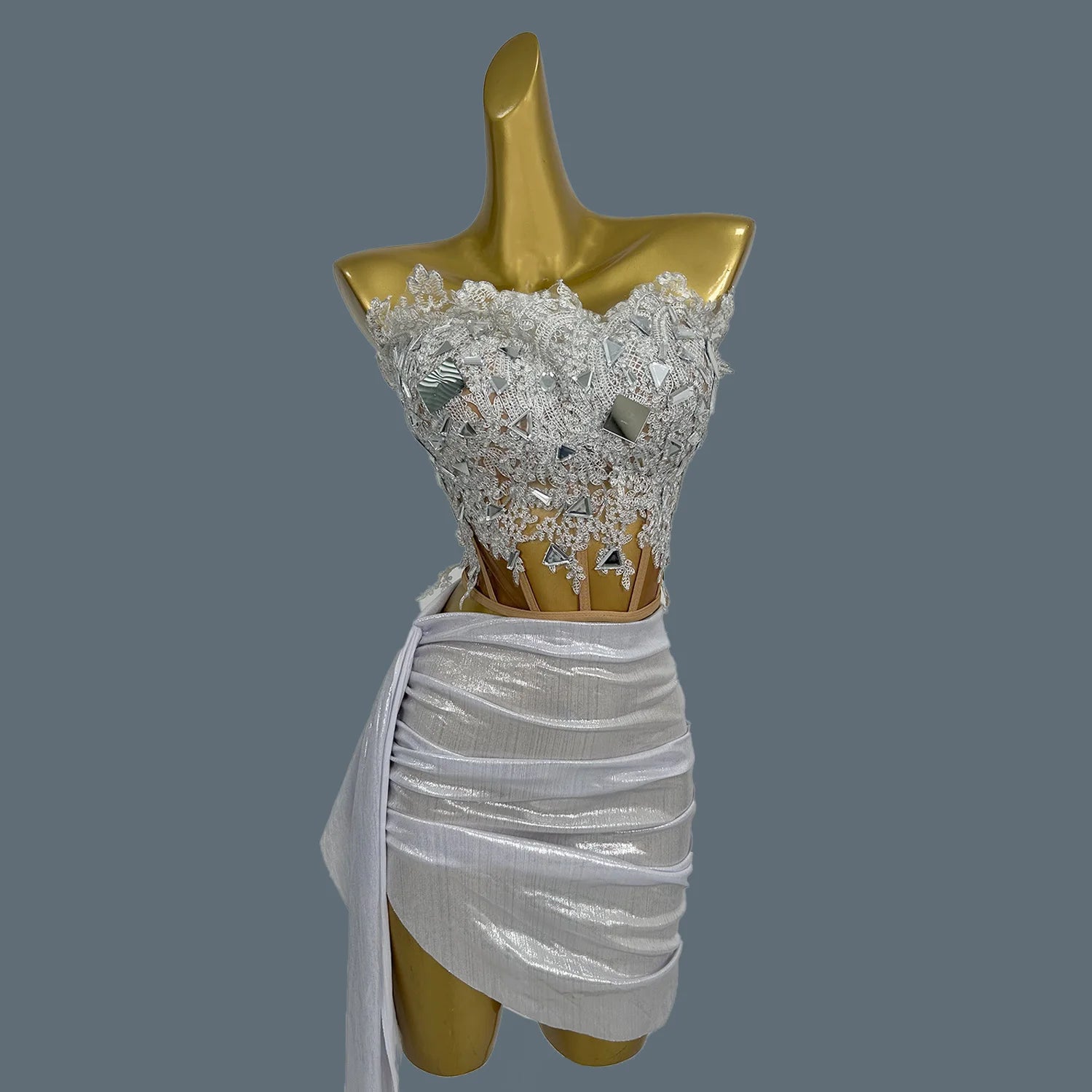 High-end Birthday Party Crop Tops Asymmetrical Mini Skirt 2Pcs Set Stage Performance Wear Nightclub Women Sexy Dress Set Baicai WHITE One Size