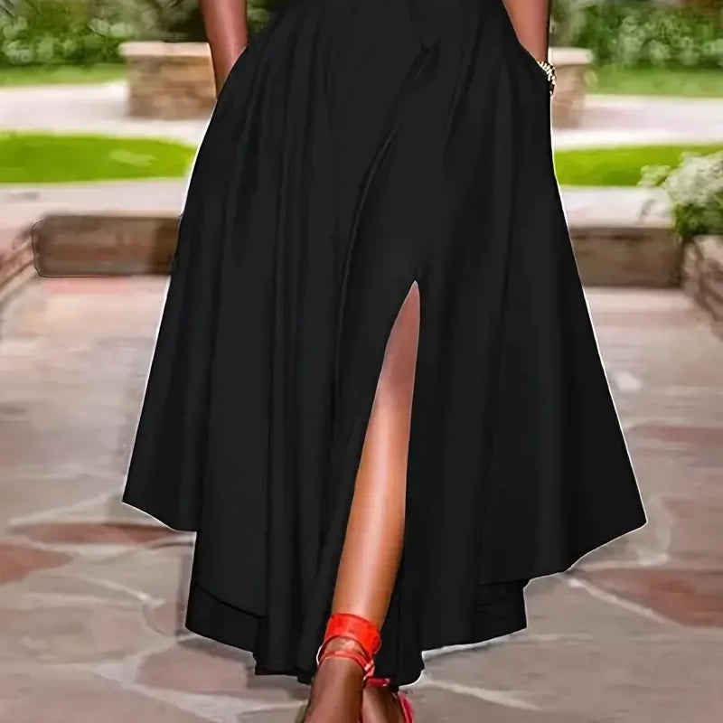 New Women's Fashion Elegant Split Hem Skirts Irregular Design Pleated Maxi Skirt High Waist Solid Lace-up Party Long Dress Femme Black