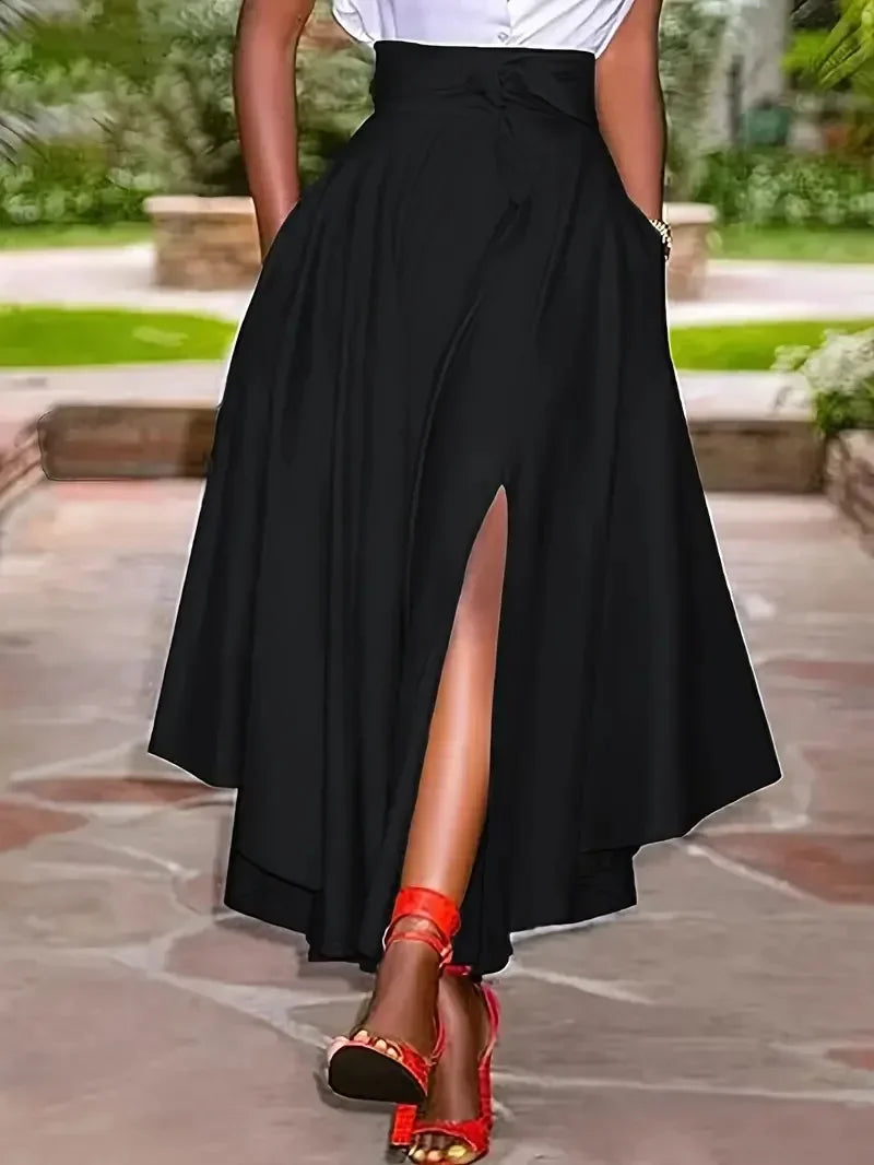 New Women's Fashion Elegant Split Hem Skirts Irregular Design Pleated Maxi Skirt High Waist Solid Lace-up Party Long Dress Femme Black