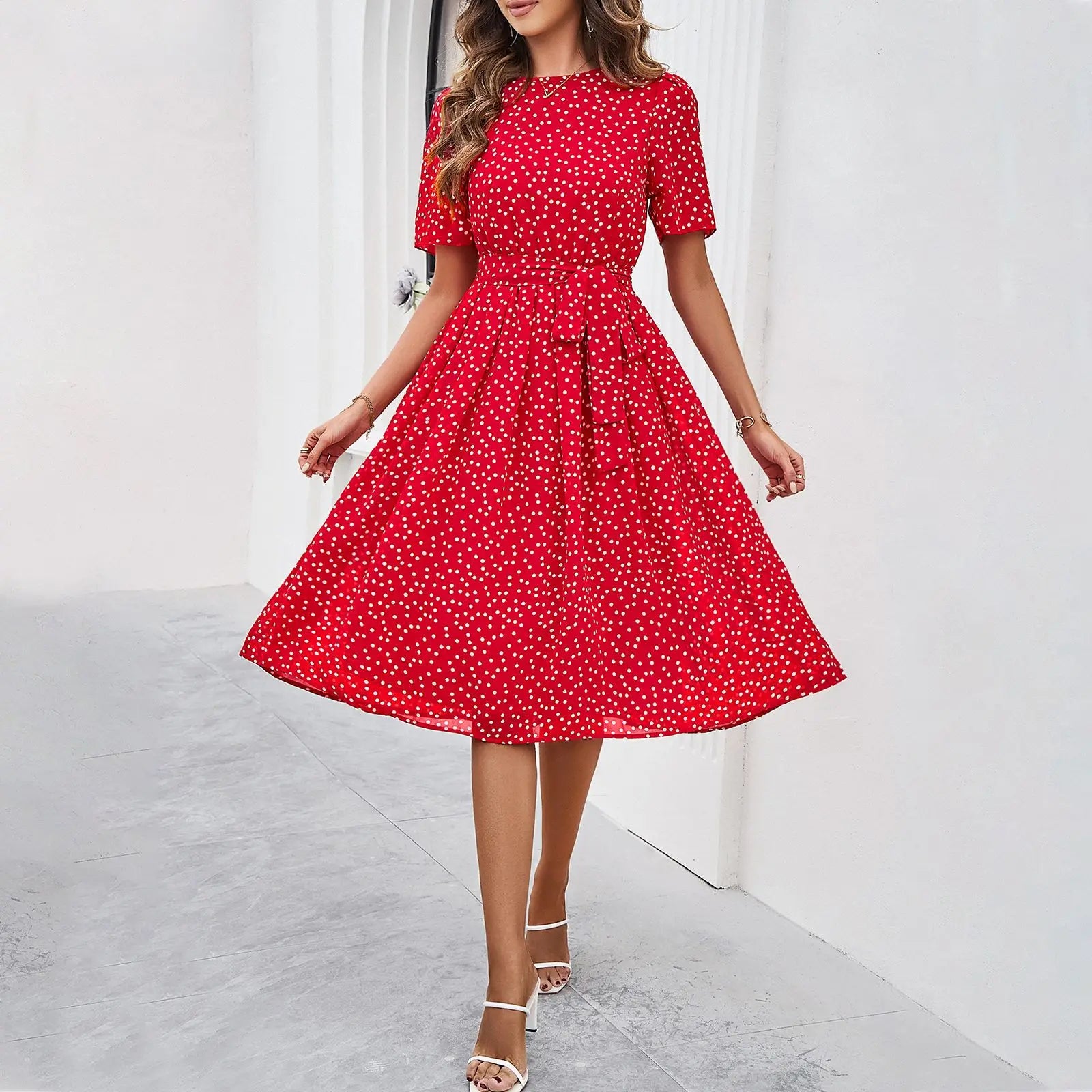 Elegant Office Lady Lace Up Dress Women Casual Short Sleeved Women's Dress 2024 Spring Summer New Polo Dot Printed Dress Up red