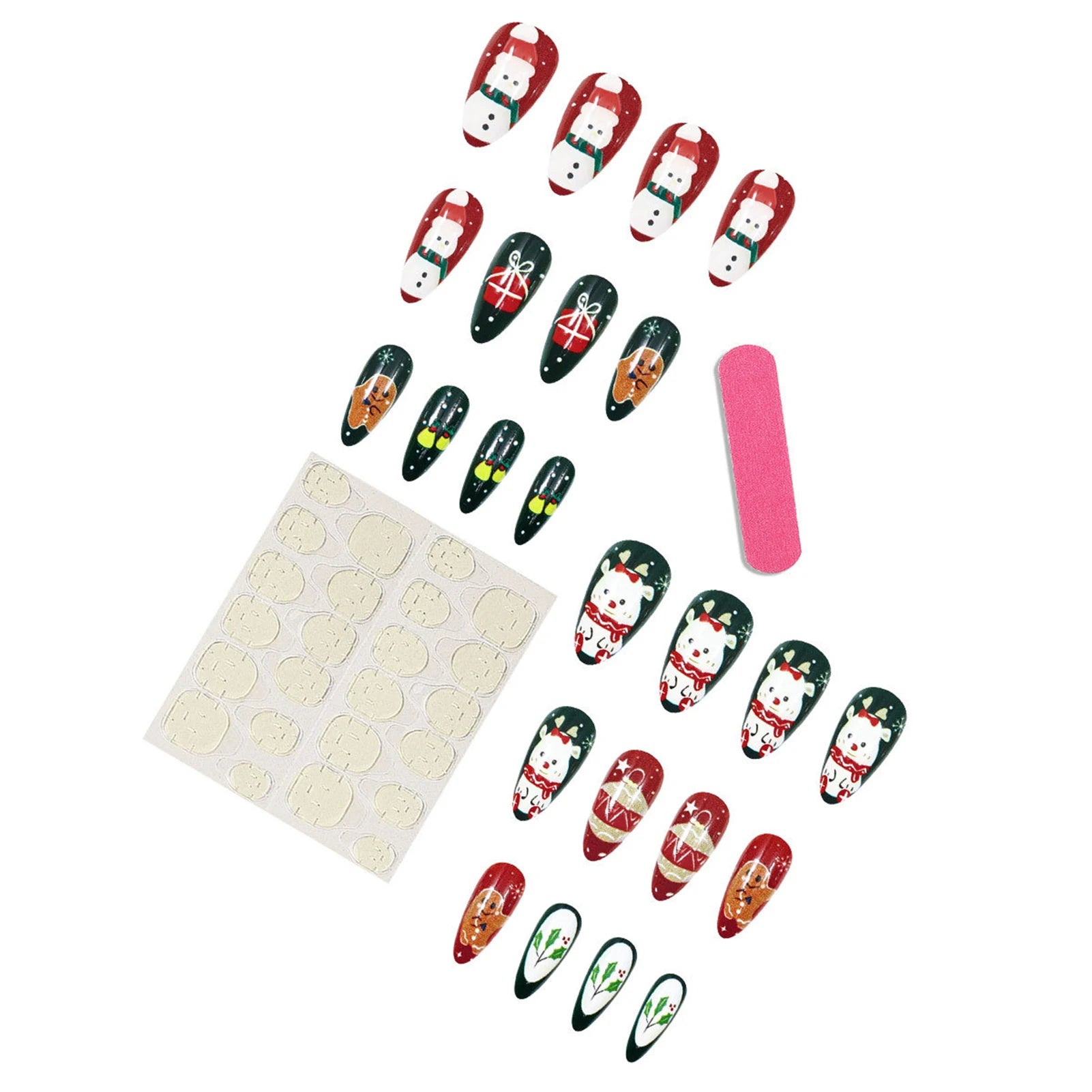 Red/Green Almond Fake Nails for Christmas Party DIY Manicure 24Pcs Acrylic Press On Nails Snowman/Gingerbread Man/Bear Printed