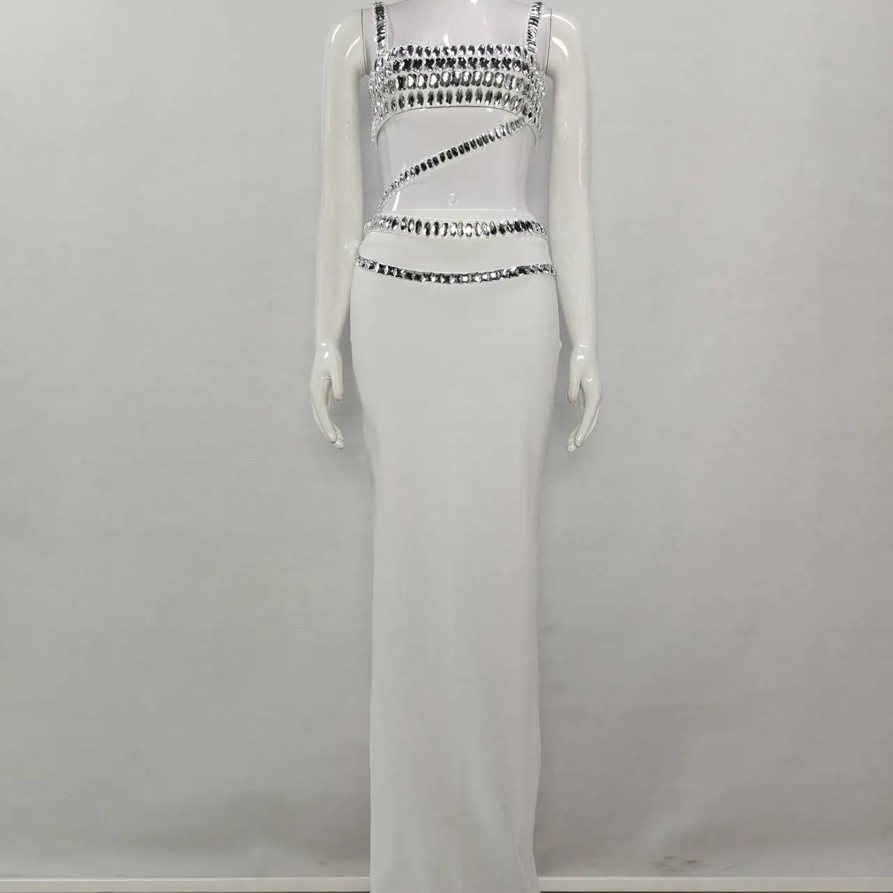 Shinning Big Crystal Women Sexy Strap Holes Bodycon Long Dress Fashion Celebrity Evening Party Red Carpet Dress Vestido