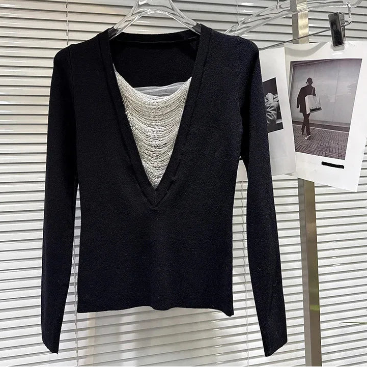 Winter New Fashion V-Neck Beaded Diamond Chain Design Knitted Sweater For Women Versatile Solid Color Top 11A07524