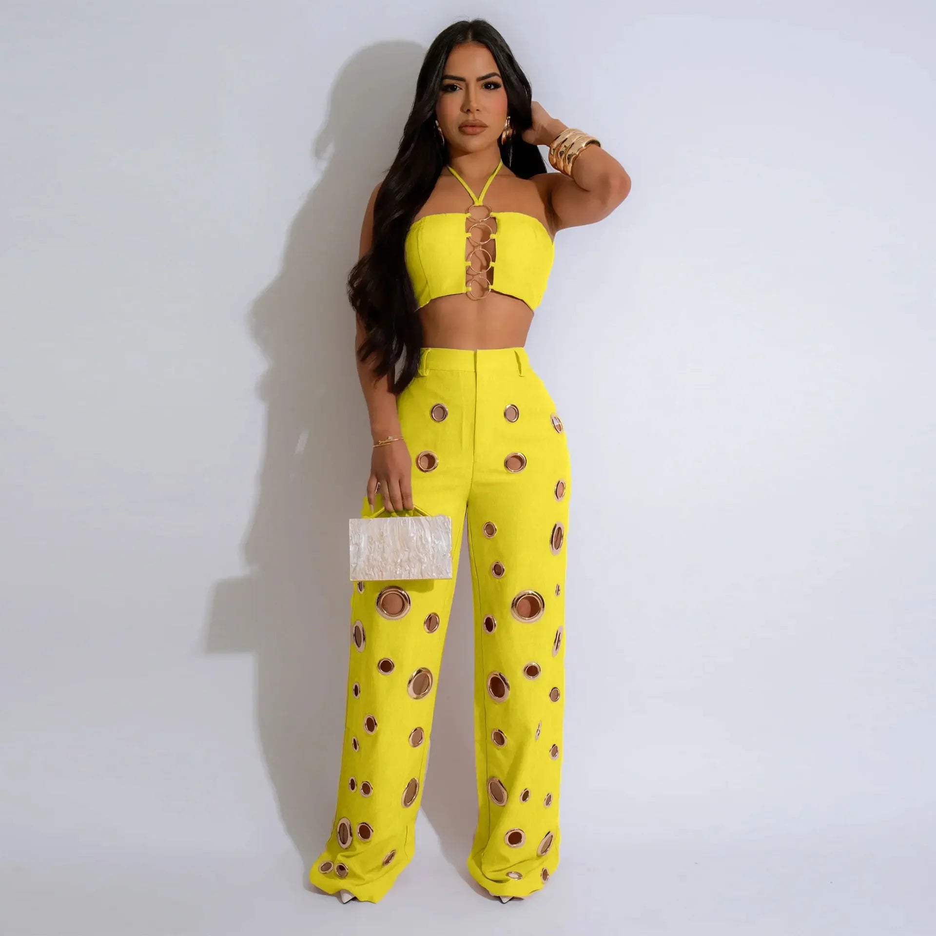 CM.YAYA Women Set Sleeveless Strapless Tops +Wide Leg Pants Two 2 Piece Set Hole Hollow Out Outfit Summer Sexy Street Tracksuit