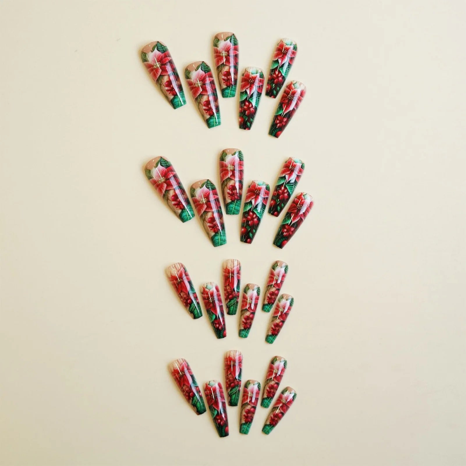 24Pcs Long Coffin Fake Nails Women Chriarmas Party Charm Manicure Full Cover Press On Nails Red Flower Printed Nails Supplies
