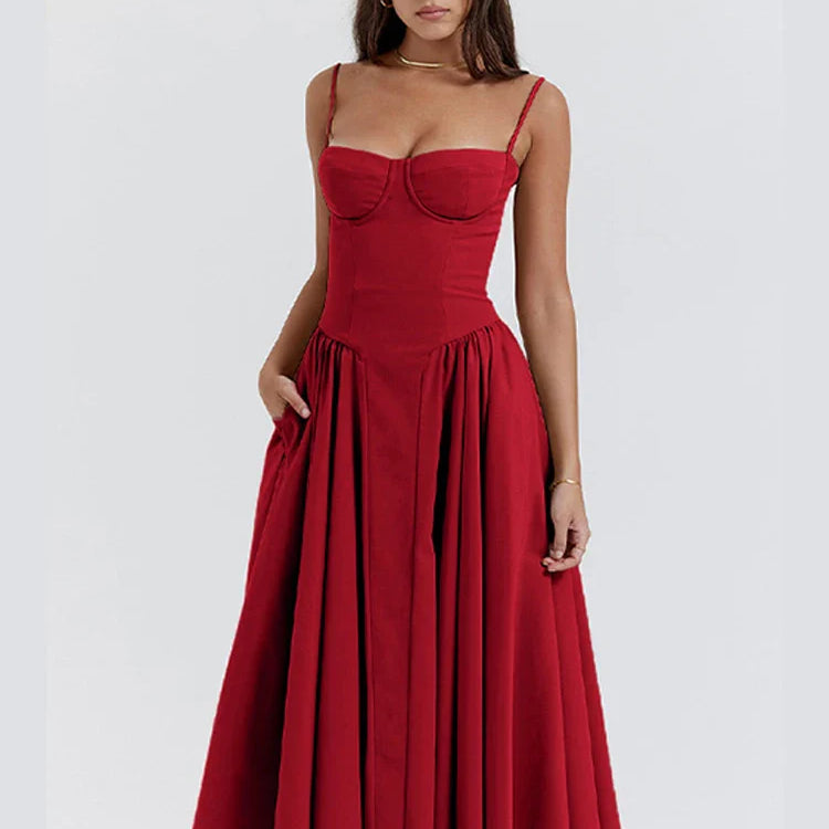 Women Sexy Solid Sling Midi Dress Fashion Sleeveless Backless Pleated Hem Dresses Summer Female Party Evening A-line Robes Red