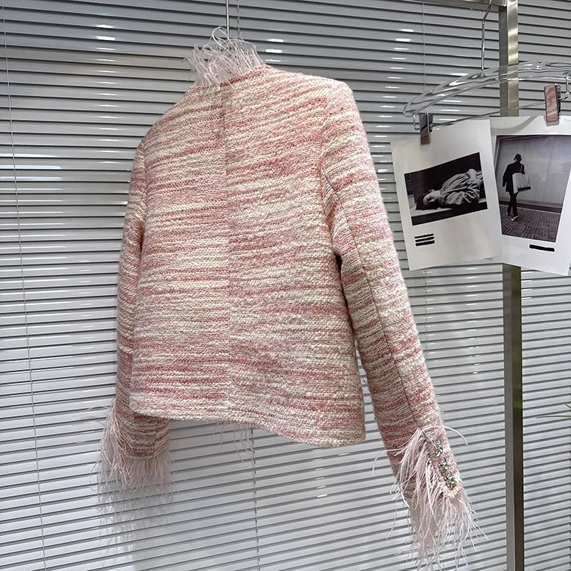 Winter New Fashion Style Ostrich Feather Edge Woven Tweed Cotton Liner Short Coat For Women Versatile Jacket 11A07865