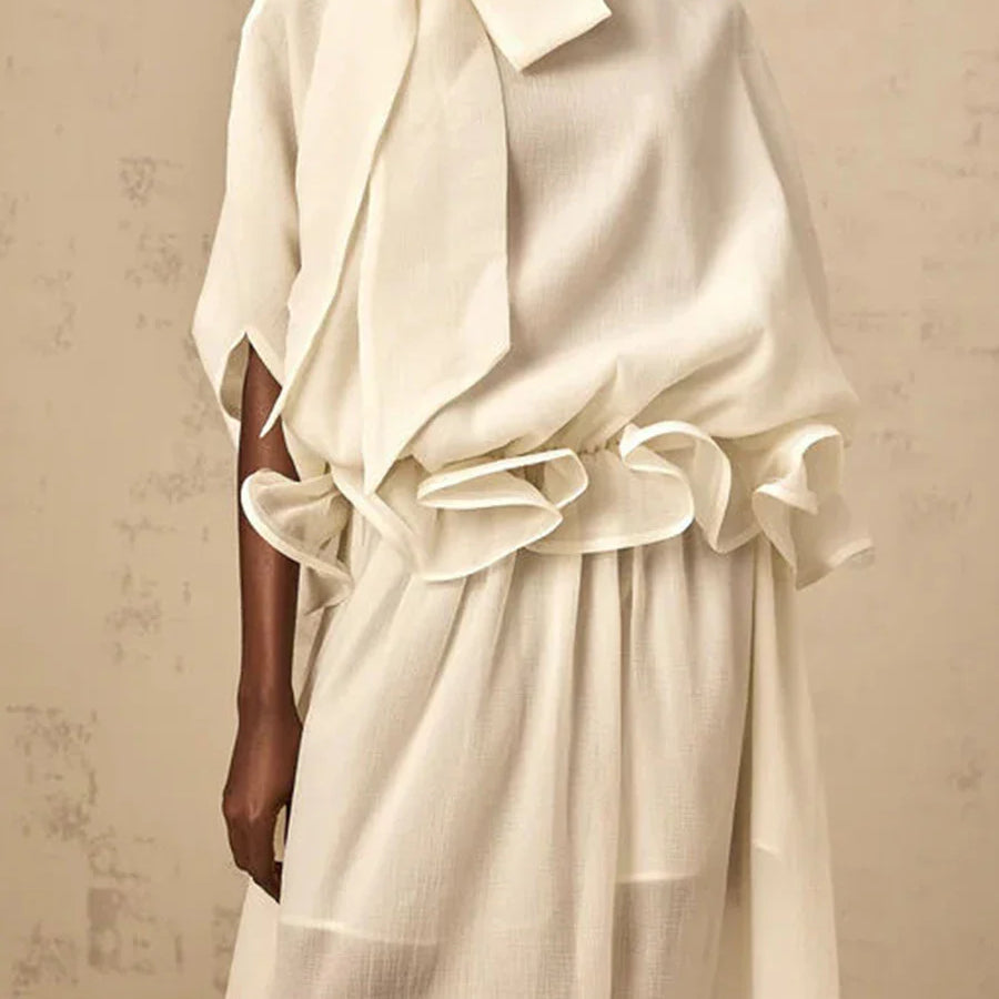 Solid Loose Spliced Bow Tunic Dresses for Women Half High Neck Short Sleeves Patchwork Ruffles Dress Female Clothes