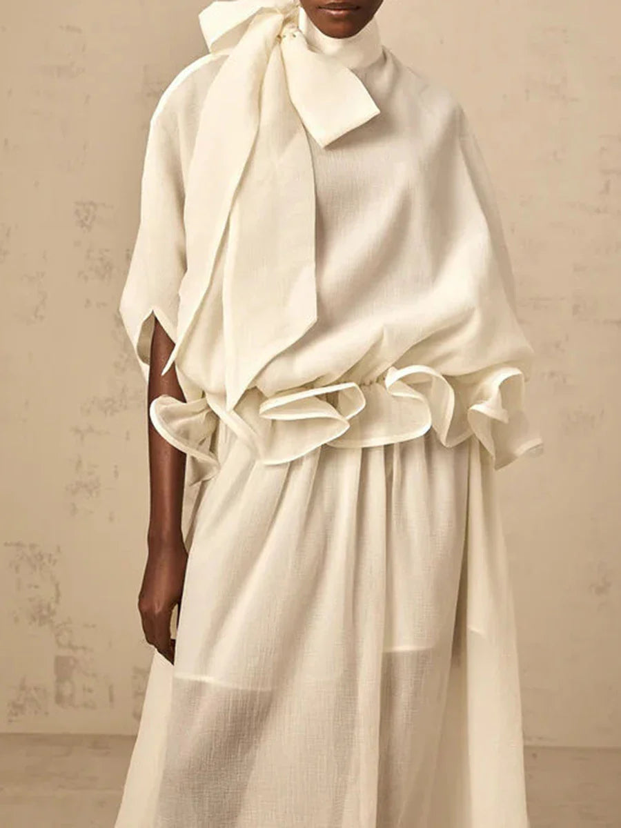 Solid Loose Spliced Bow Tunic Dresses for Women Half High Neck Short Sleeves Patchwork Ruffles Dress Female Clothes