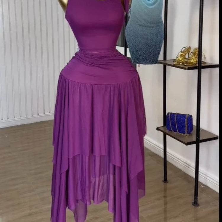 CM.YAYA Women Tie Up Shoulder Sleeveless Knit Tank Top and Irregular Maxi Long Skirt Suit 2025 Summer Two 2 Piece Set Outfits Dark Purple