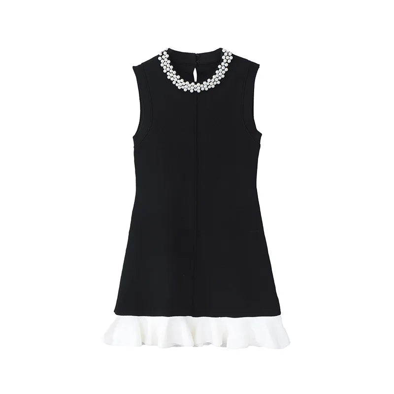 Hit Color Slimming Spliced Bead Elegant Mini Dresses for Women Round Neck Sleeveless Patchwork Ruffles Dress Female BLACK