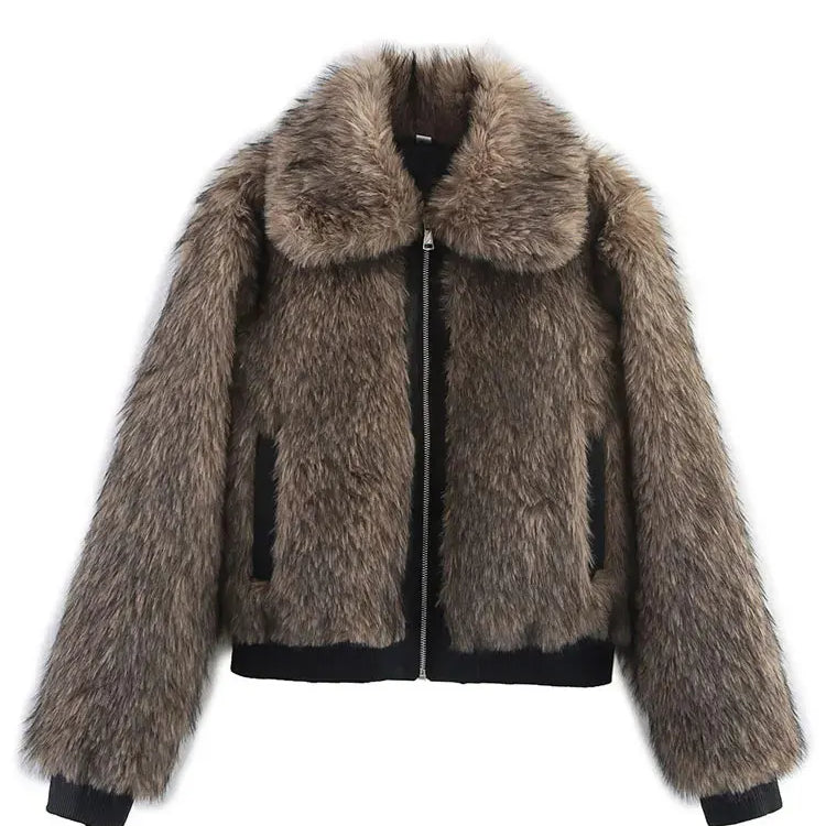 Women's Winter Coat Faux Fur Lapel Long Sleeves Loose Zipper Jackets Lady Pockets High Street Chic Warm Woman Outerwear