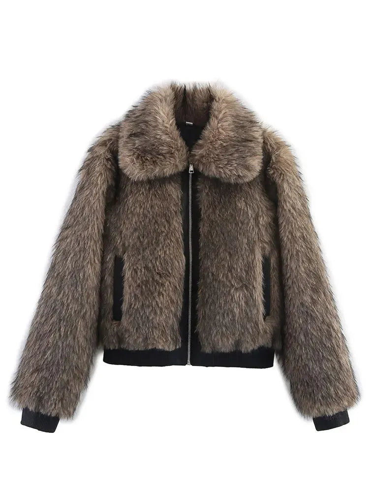 Women's Winter Coat Faux Fur Lapel Long Sleeves Loose Zipper Jackets Lady Pockets High Street Chic Warm Woman Outerwear