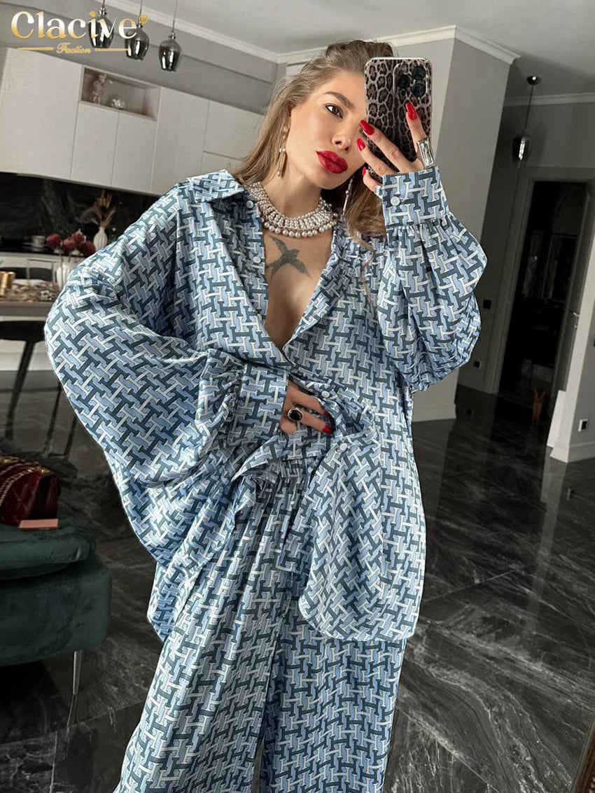 Clacive Fashion Loose Print 2 Piece Sets Women Outfit Elegant Long Sleeve Shirt With High Waist Wide Pants Set Streetwear