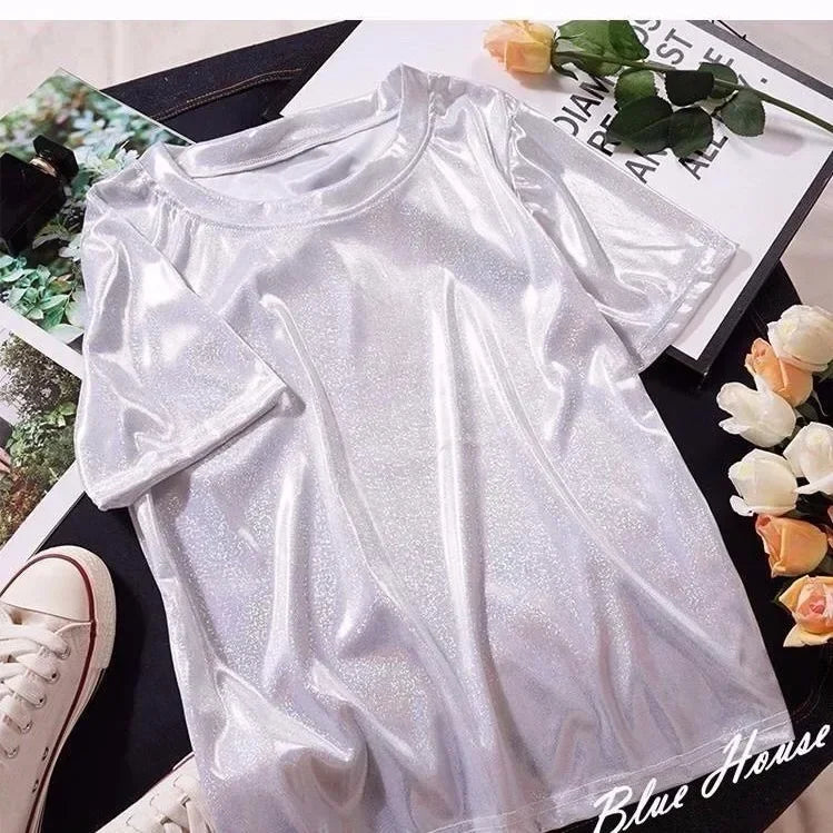 S-5XL Womens Sparkly Shiny Metallic Holographic Round Neck Short Sleeve Casual Loose Top Festival Party Tee Shirt Female Clothes WHITE