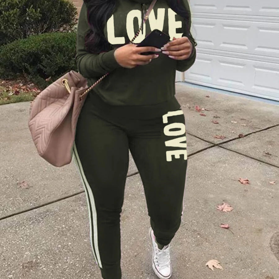5XL LW Plus Size New Fashion Women Spring Long Sleeve Turtleneck Letter Print Striped Sweatsuits Two Piece Outfits Pants Set green