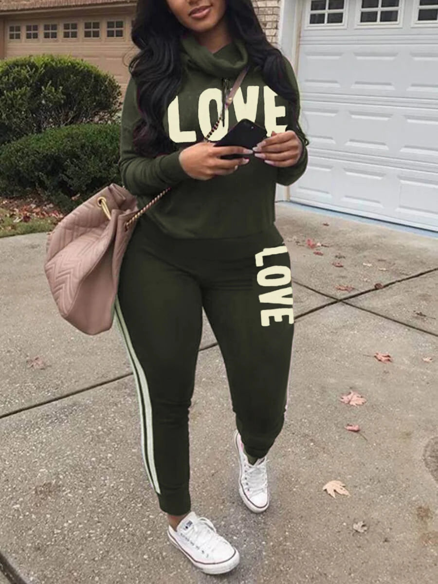 5XL LW Plus Size New Fashion Women Spring Long Sleeve Turtleneck Letter Print Striped Sweatsuits Two Piece Outfits Pants Set green