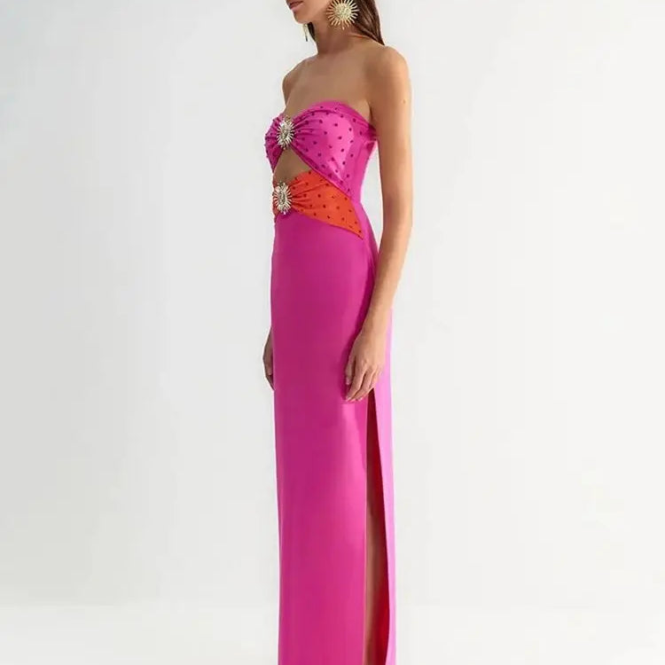 Ailigou New Summer Women's Sexy Strapless Hollow Diamond Tight Long High Split Bandage Dress Elegant Celebrity Party Dress