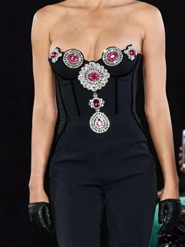 Women Luxury Sexy Strapless Backless Crystal Diamonds Black Bodycon Bandage Jumpsuit Celebrity Designer High Street Rompers black