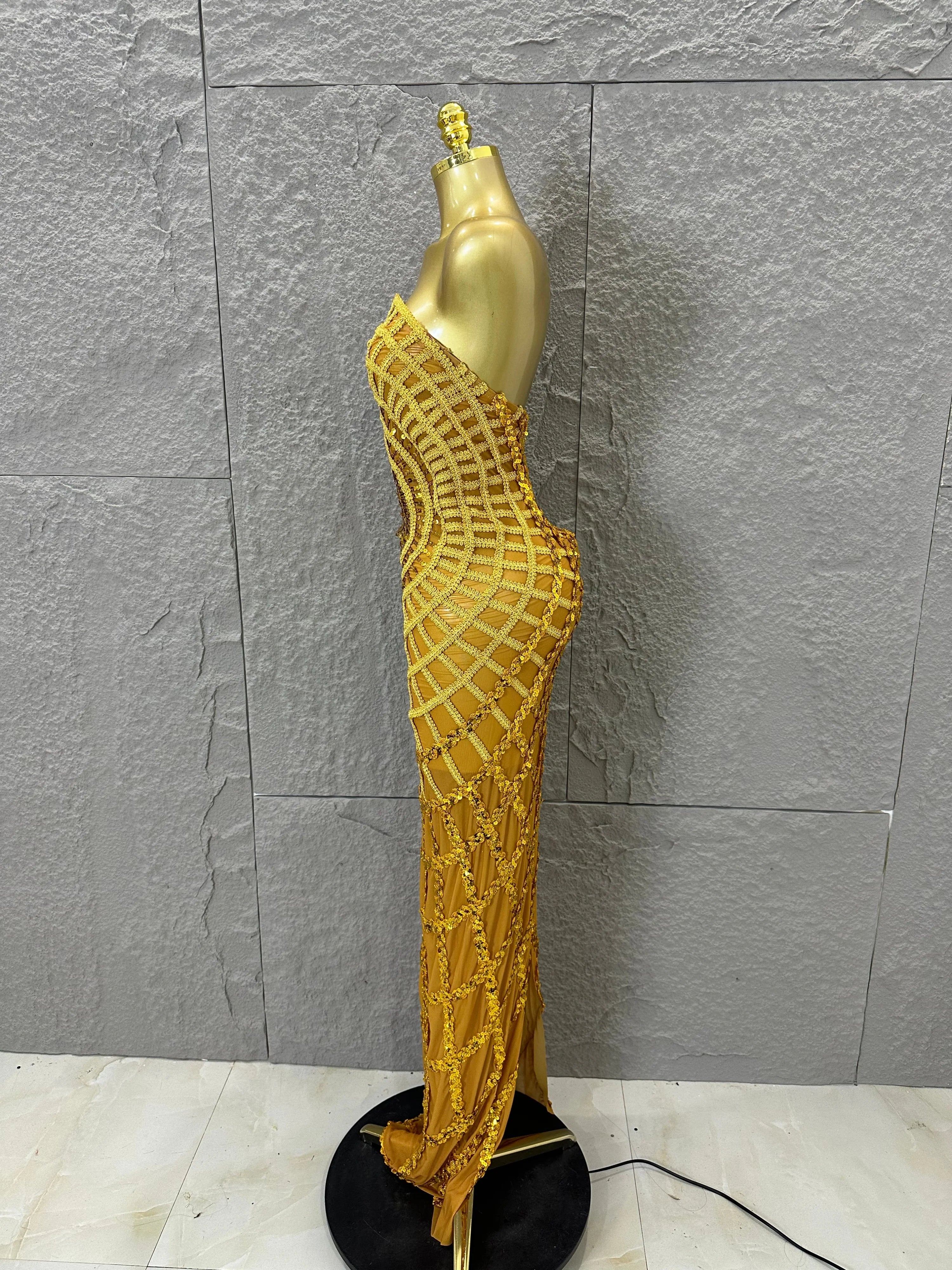 Women Sexy Strapless 3D Grid Embellished Bodycon Mermaid Outfit Stage Performance CostumeElegant Sequined Sheer Mesh Maxi Dress