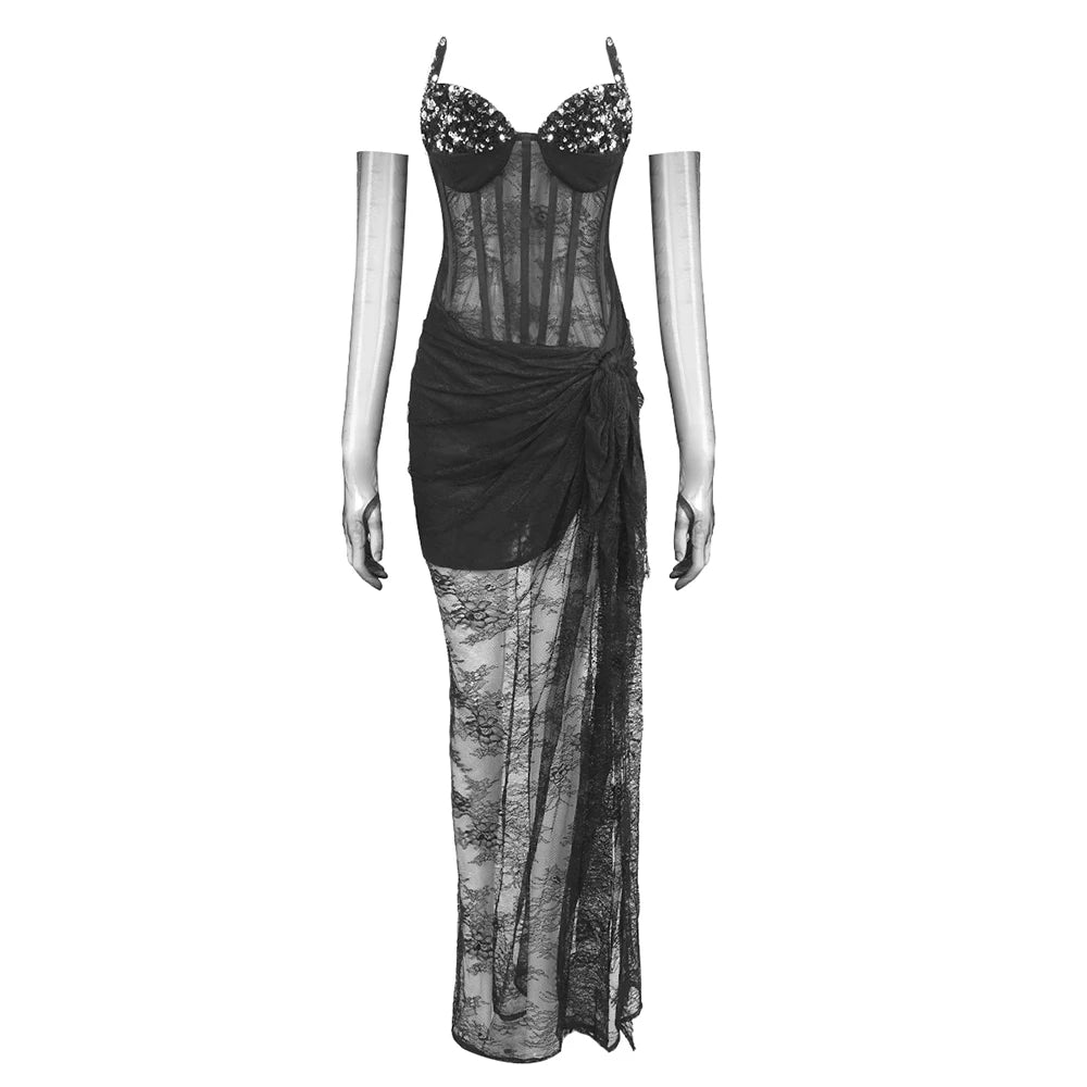 Strapless Backless Lace Split Black Mesh Maxi Long Bodycon Dress Elegant Cocktail Party Evening Gowns Vestido black
