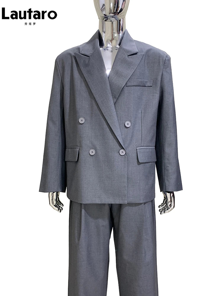 Lautaro Autumn Oversized Gray Blazers for Men Peaked Lapel Shoulder Pads Double Breasted Loose Luxury Designer European Clothes Gray