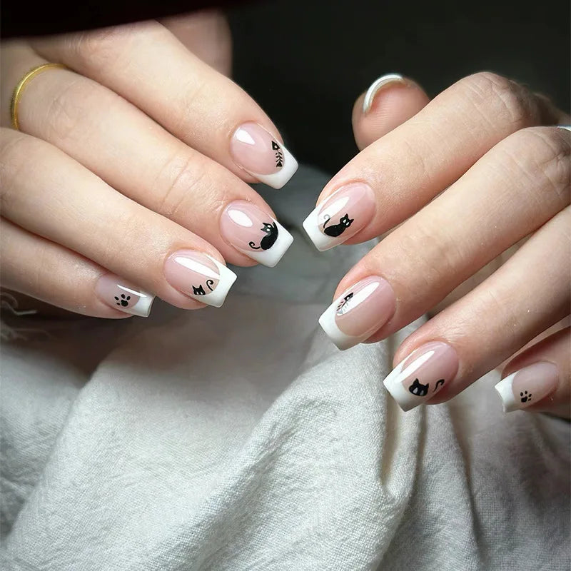 24pcs/set short Medium square fake nails for women gradient nude pink flowers french almond summer tips press on false nail art 1455