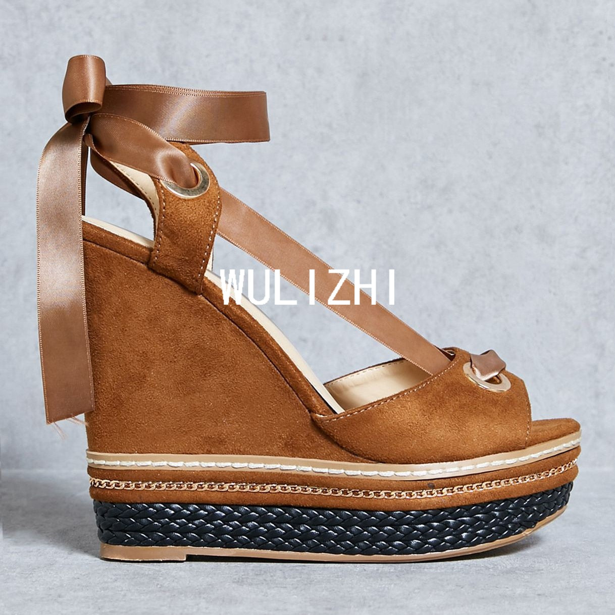 Wedge Metal Chain Strap Sexy Sandals Woman Peep Brown Leather Zipper Platform Heels Cover Open Suede Velvet Noble Shoes Summer 7.5cm