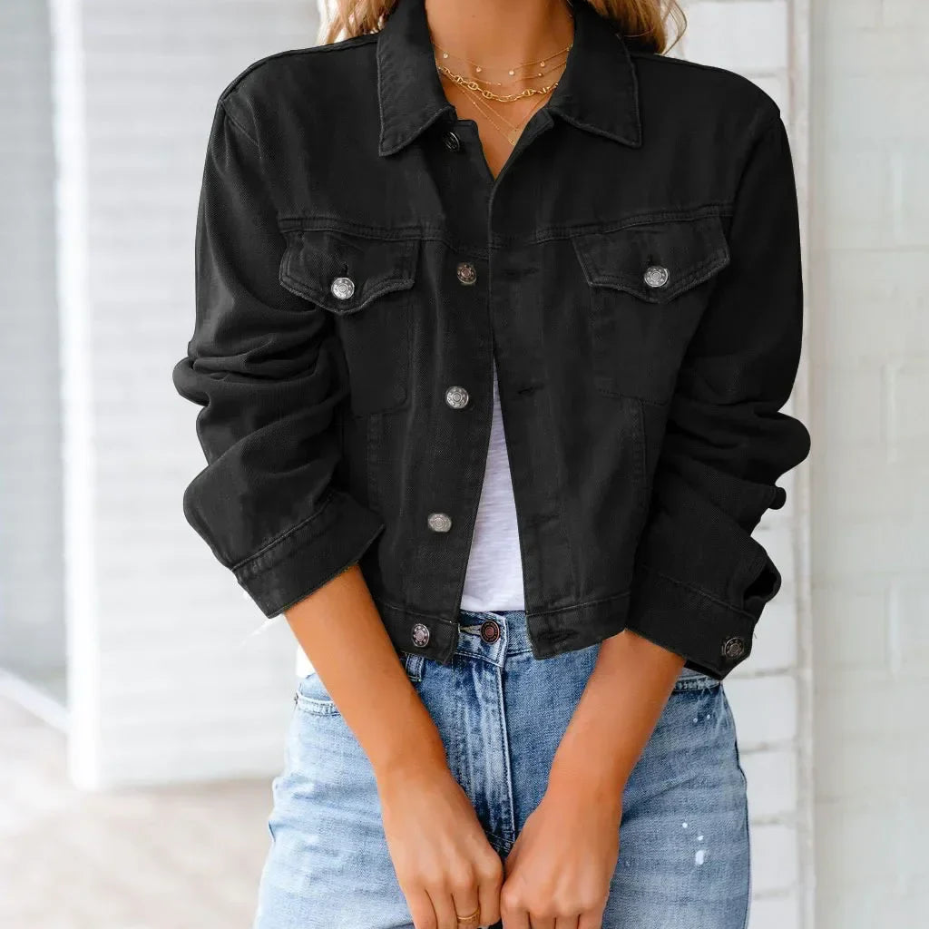 Short Pockets Jacket Fashion Streetwear Single Breasted Trend Women Denim Coats Long Sleeve Autumn New Denim Denim Coats black