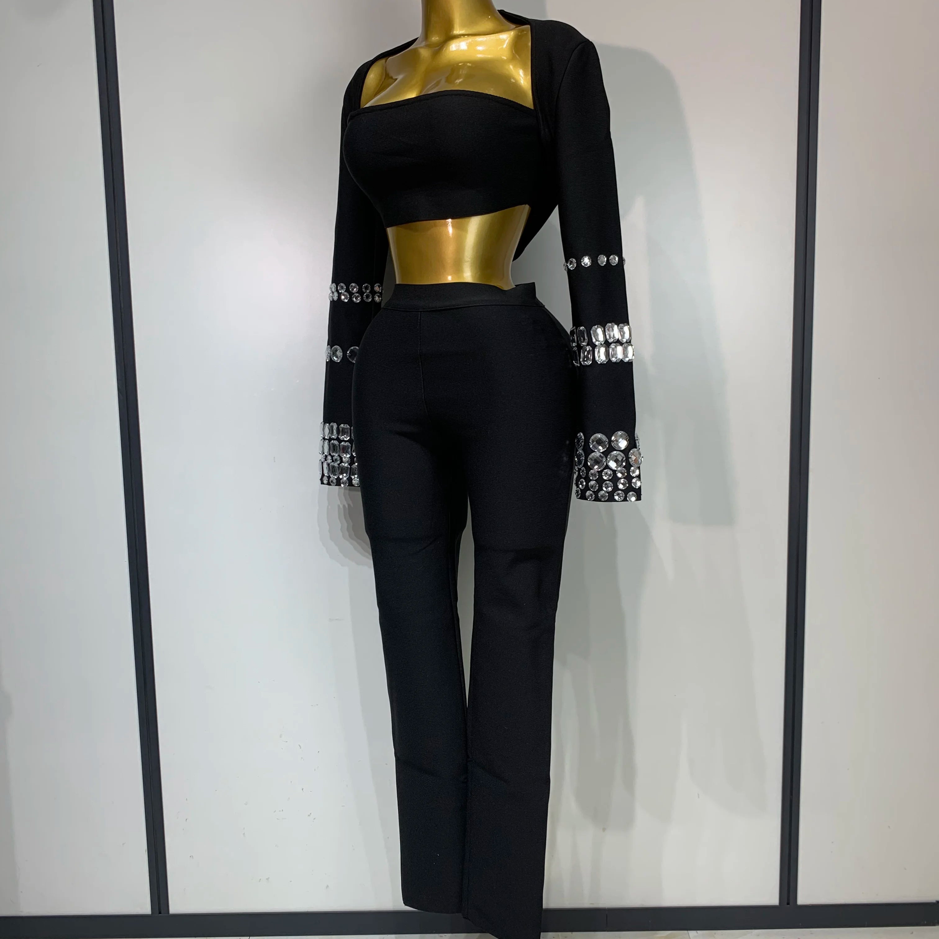 Women Celebrity Sexy Long Sleeve Beading Black Bodycon Bandage Three Piece Set Elegant Evening Club Party Birthday Outfits