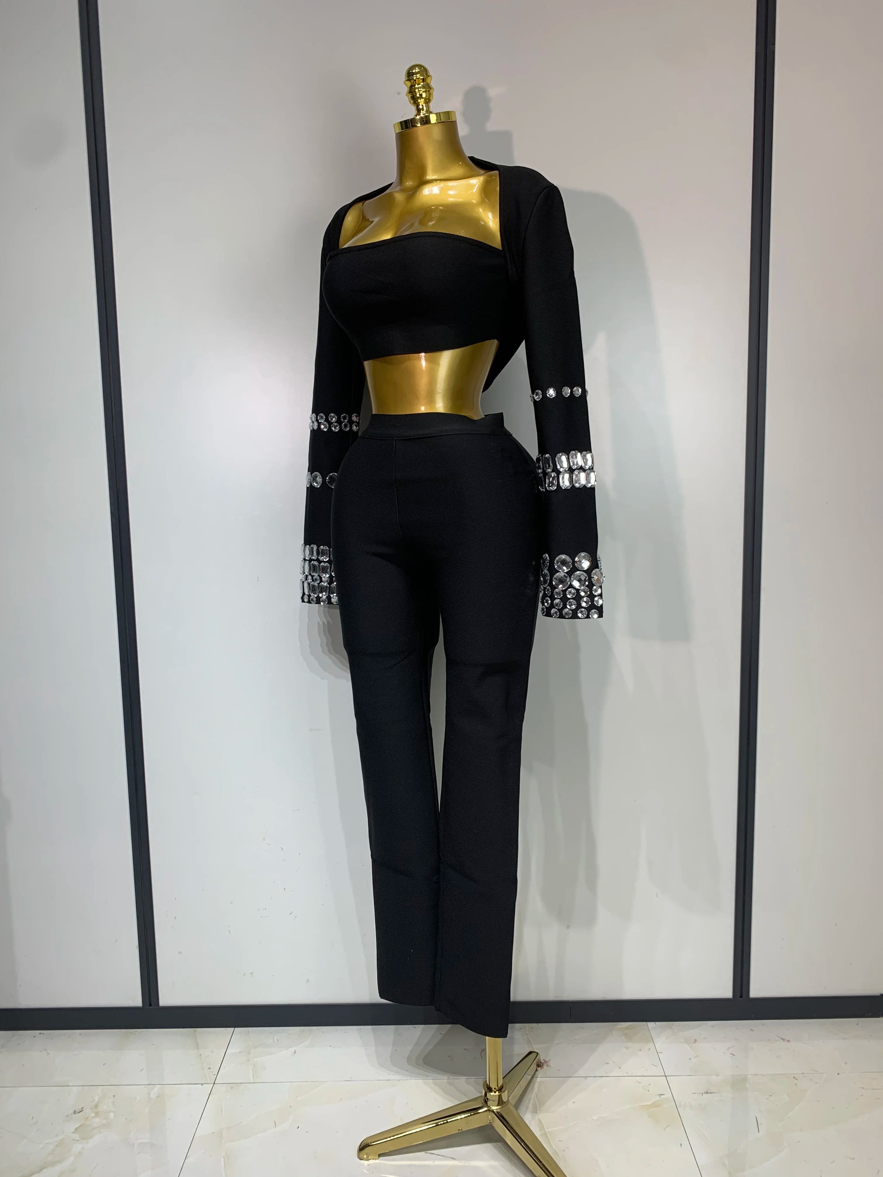Women Celebrity Sexy Long Sleeve Beading Black Bodycon Bandage Three Piece Set Elegant Evening Club Party Birthday Outfits