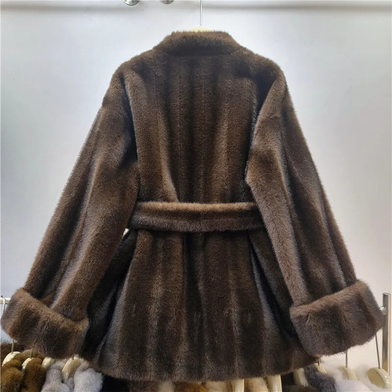 Autumn Winter New Fashion Style Faux Mink Fur Belted Coat For Women High Quality Soft Lace-up Waist Jacket 11A07840