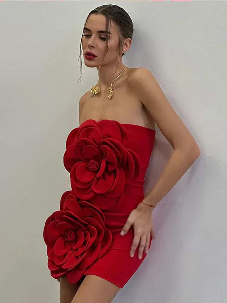 Women Red 3d Flower Strapless Short Dress Elegant Backless Sleeveless High Waist Mini Dresses Fashion Banquet Chic Robes
