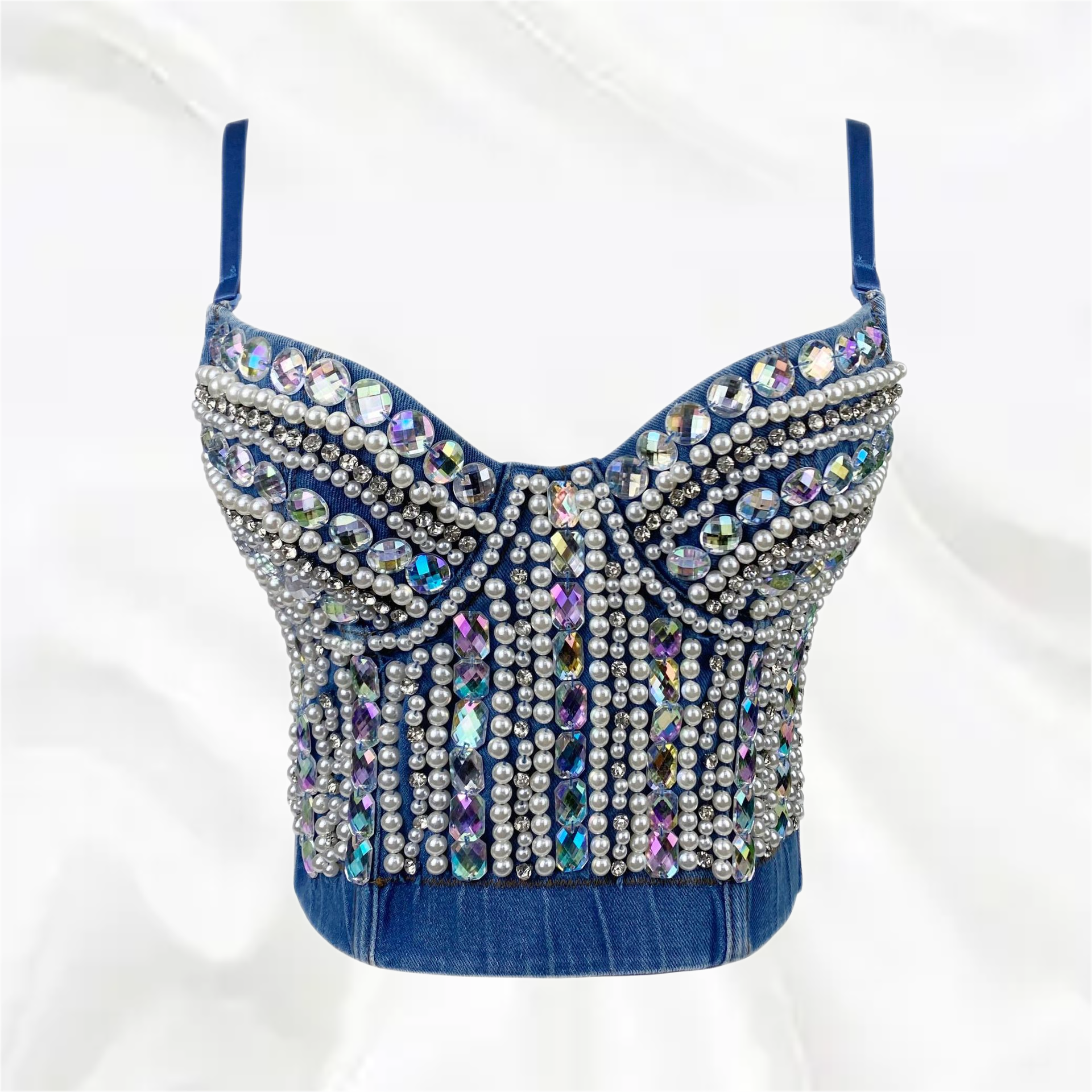 SXTHAENOO 2024 Women&#39;s Heavy Industry nailed beaded Diamond-Studded Sexy Crop Top Fashion Denim Sling Top Vset топ женский Blue China