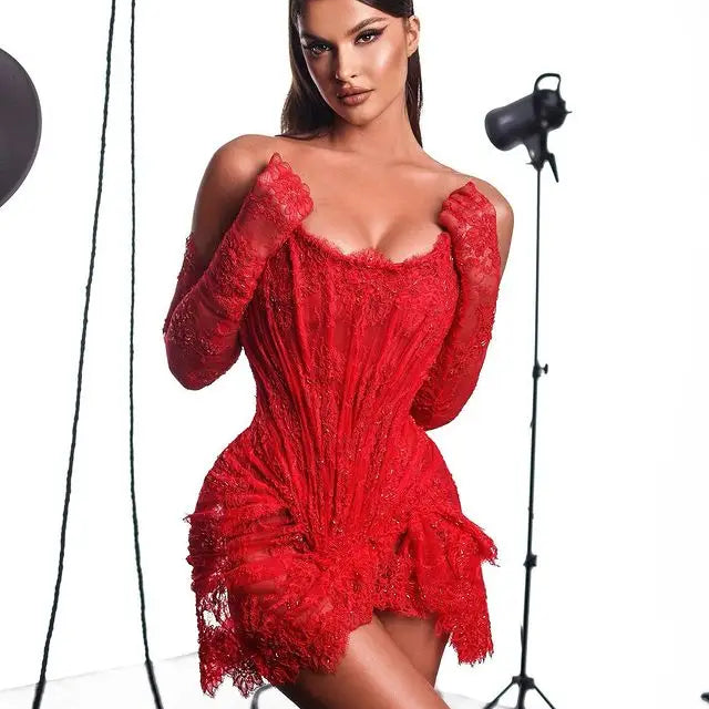 Black Red European Lace Gauze Gauze Wrapped Chest Irregular Mini Skirt Red