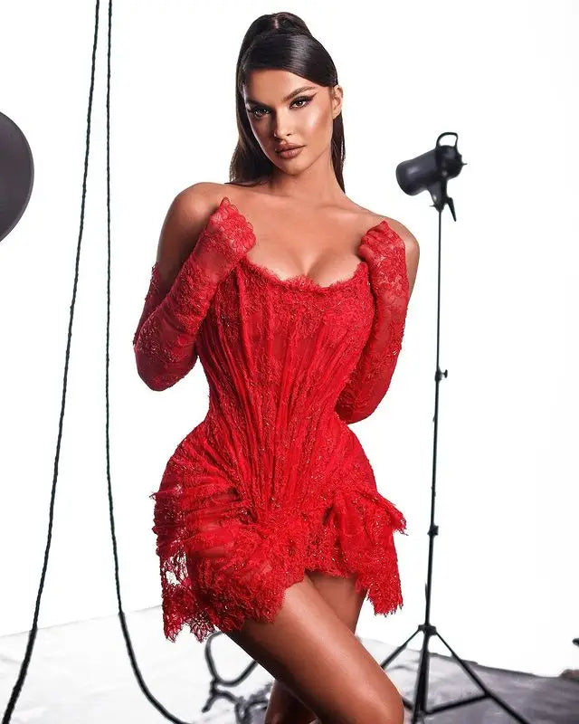 Black Red European Lace Gauze Gauze Wrapped Chest Irregular Mini Skirt Red