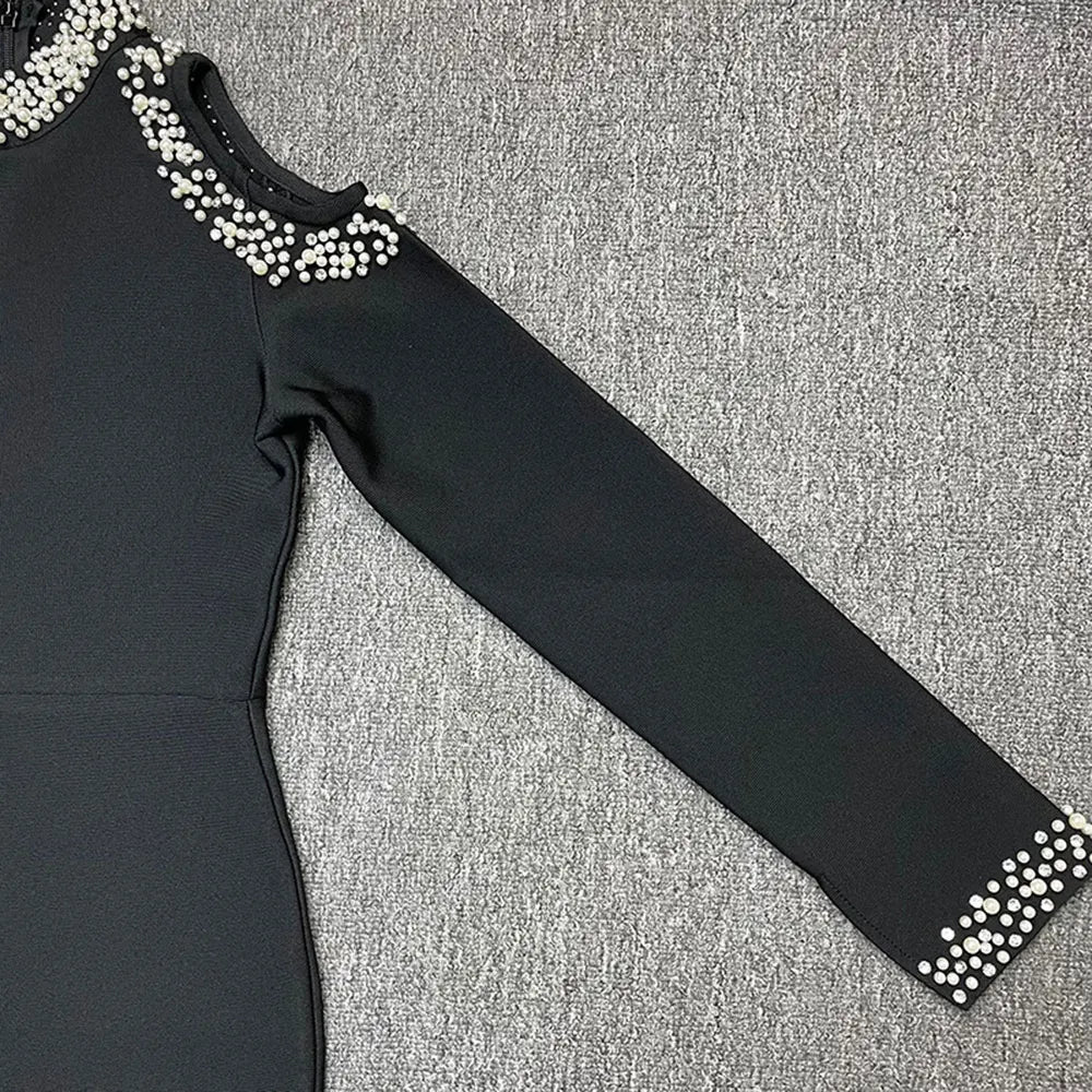 2024 Sexy Women'S Light Luxury Crystal Pearl Design Bandage Dress O-Neck Off Shoulder Long Sleeved Bodycon Christmas Long Dress