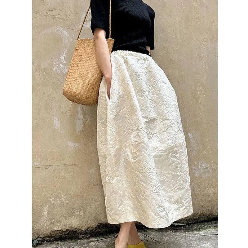 Spring/summer Arts Style Women Casual Loose Fit Elastic Waist A-line Jacquard Design Ankle-length Skirt P02