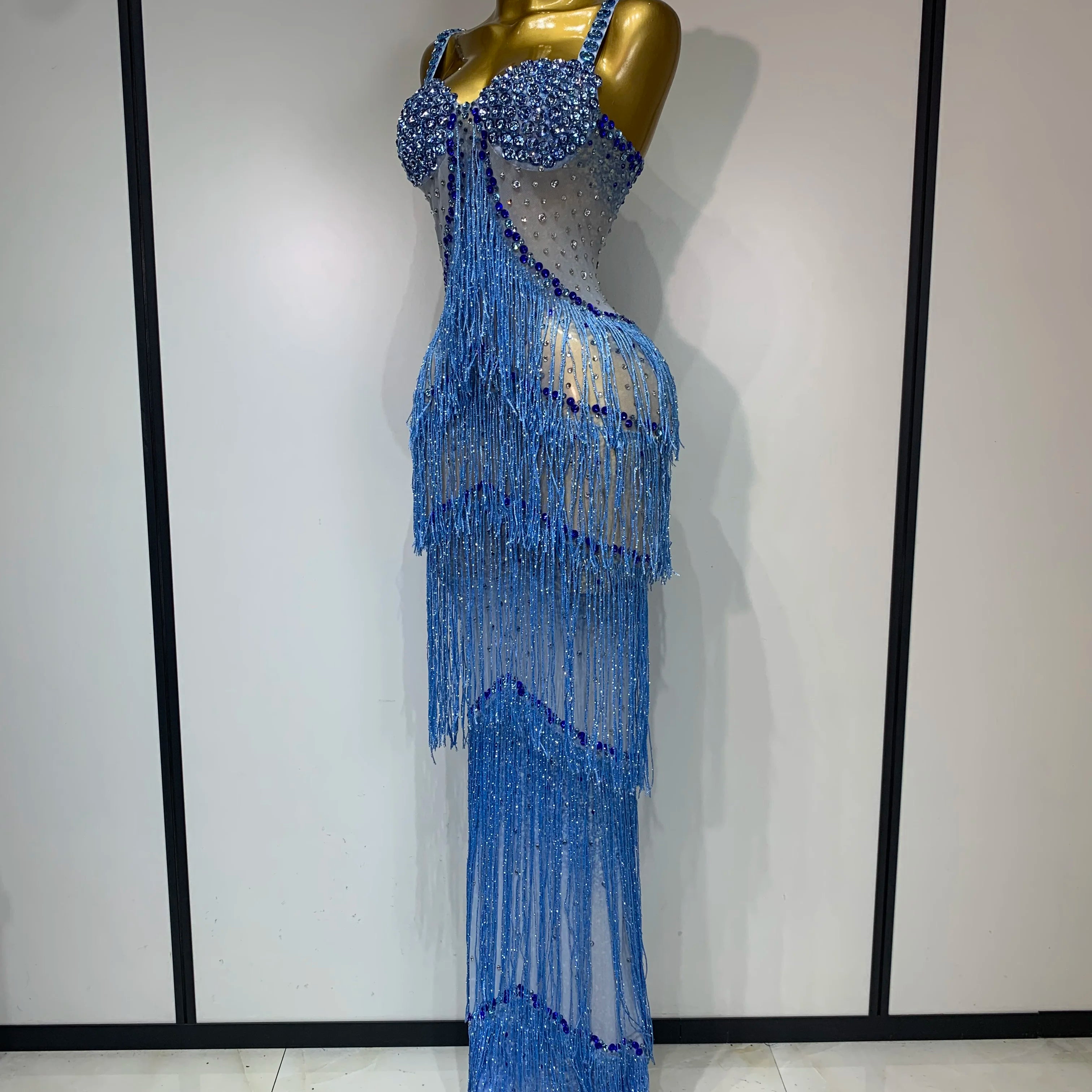 Sparkly Rhinestones Fringes Maxi Long Dress Women Sexy Transparent Elagant Evening Party Birthday Dress Photo Shoot Outfit