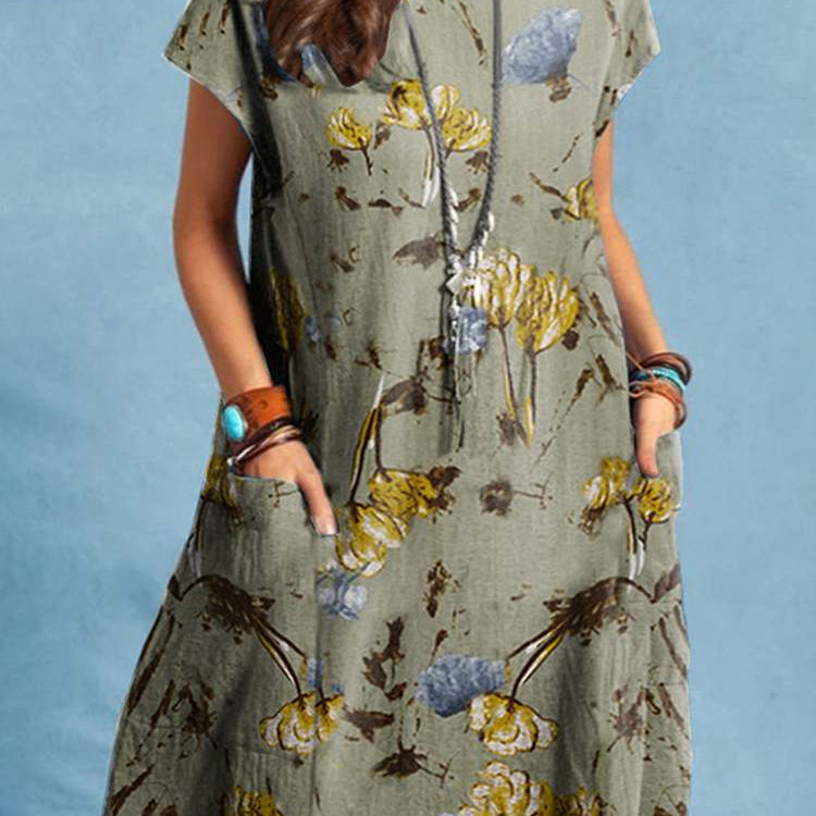 Summer Vintage Dress Bohemian Floral Print O-Neck Short Sleeve Sundress