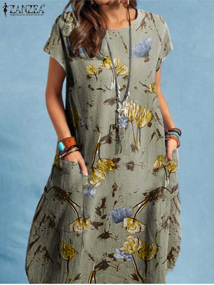 Summer Vintage Dress Bohemian Floral Print O-Neck Short Sleeve Sundress
