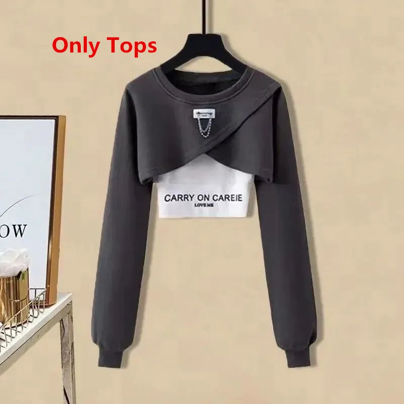 Women's Causal Clothing Korean Fashion Short Sweatshirt Vest Wide Leg Pants 3 Piece Set 2024 Spring Autumn Sports Outfits Female Only Gray Tops