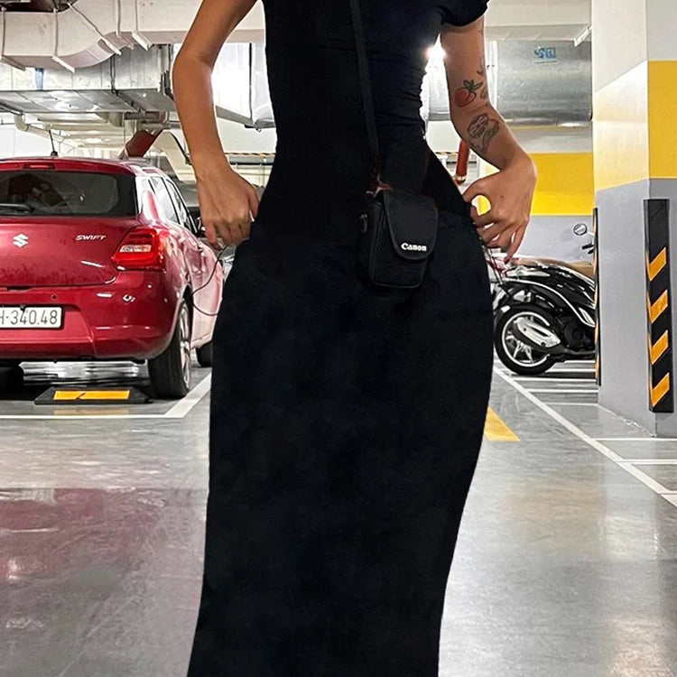 Cutenew Elegant Short Sleeve Bodycon Maxi Dress O-neck Solid Women's Backless Summer Sexy Streetwear Stretch Robe Lady Dresses