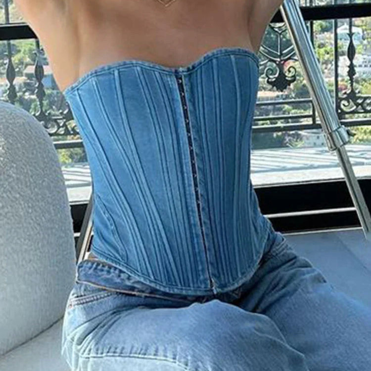 IAMHOTTY Strapless Denim Corset Women Backless Lace-up Sexy Bustier Night Clubwear Elegant Basic Tube Top Y2K Jean Cami Ladies Blue