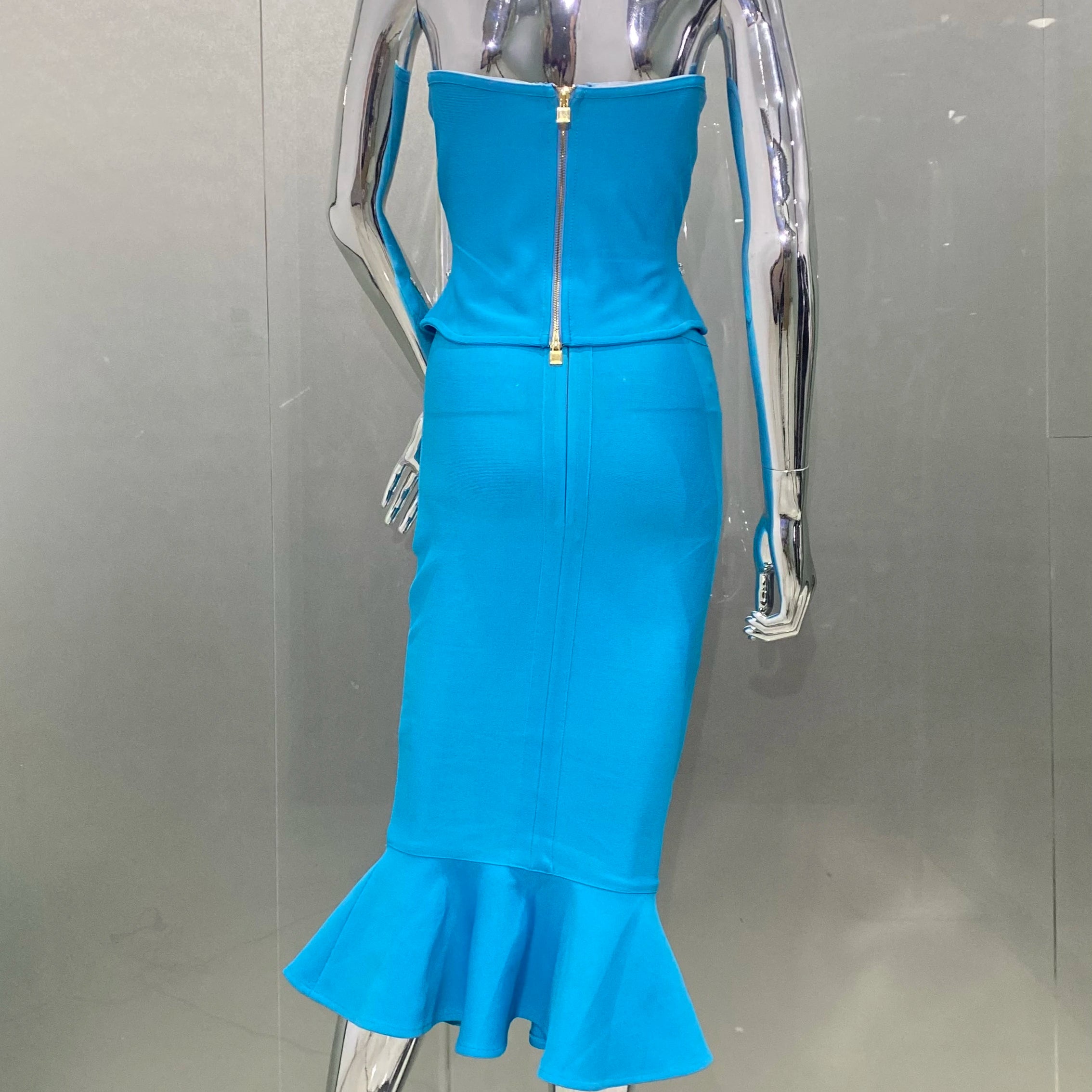 Blue Color Woman Bandage Set Shining Diamonds Strapless Top And Mid Calf Mermaid Skirt 2 Piece Set Cocktail Party Outfit